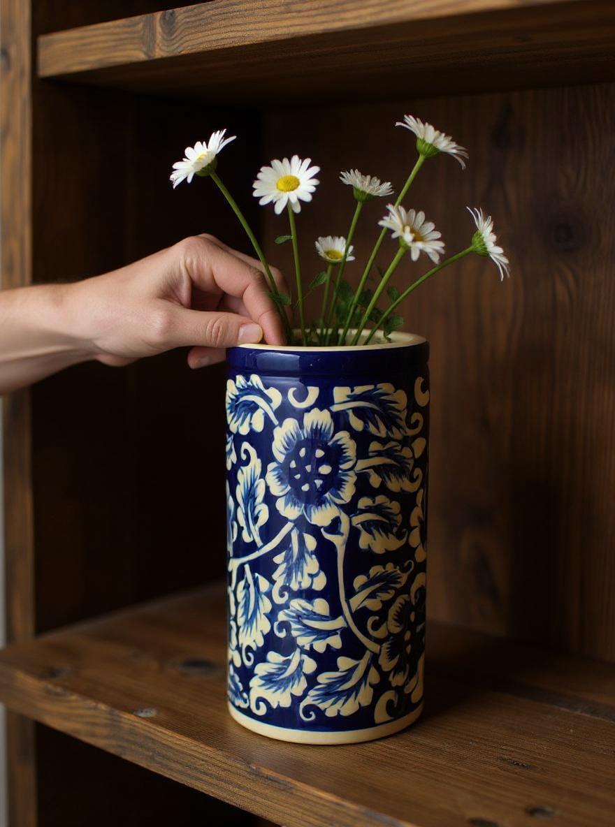 Ceramic Multani Blue Pottery vase with blue floral patterns being placed on a wooden shelf with daisies.