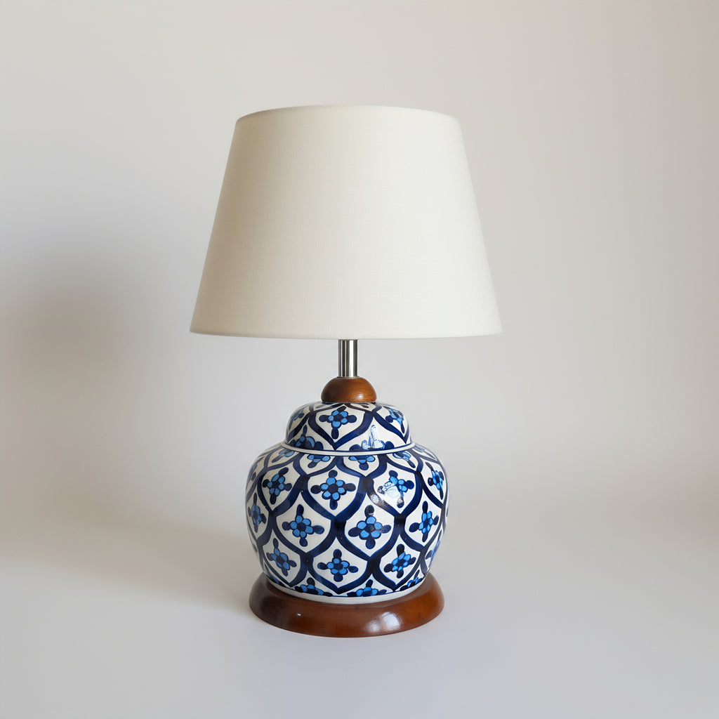 Multani Blue Pottery Lamp Base with Wooden Stand – Handcrafted