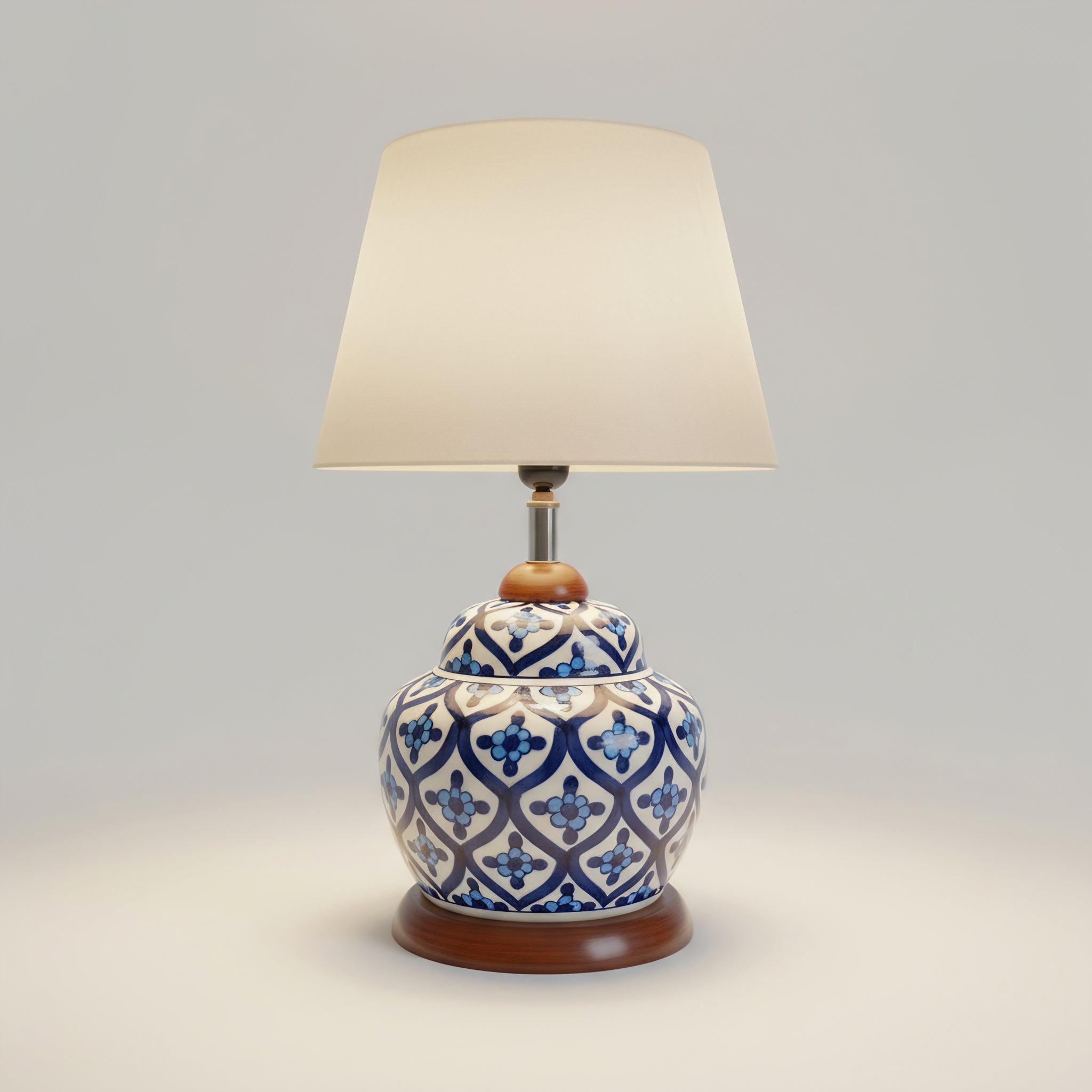 Multani Blue Pottery Lamp Base with Wooden Stand – Handcrafted