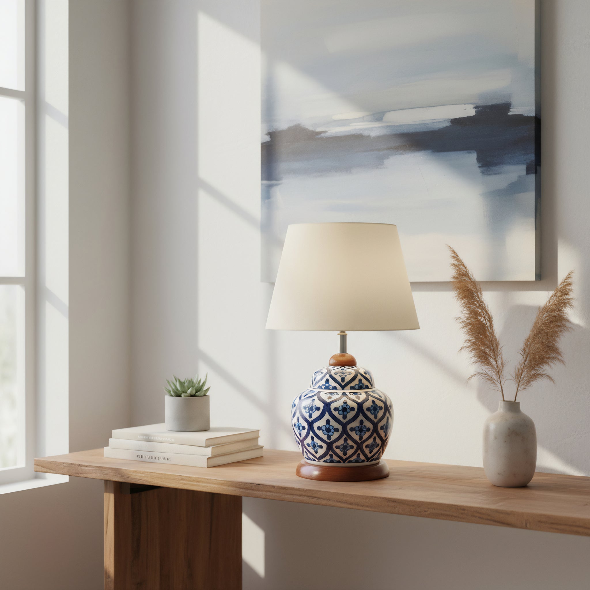 Multani Blue Pottery Lamp Base with Wooden Stand – Handcrafted