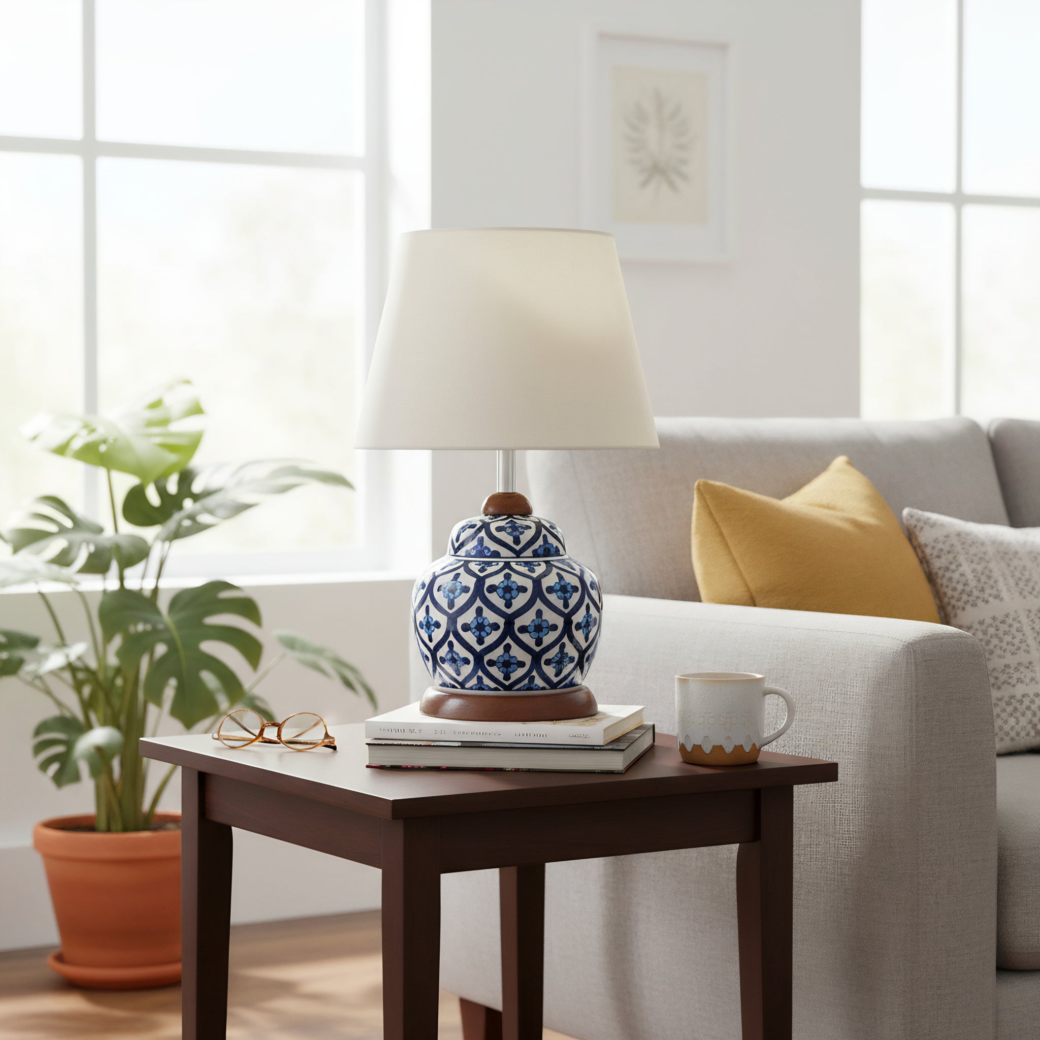 Multani Blue Pottery Lamp Base with Wooden Stand – Handcrafted