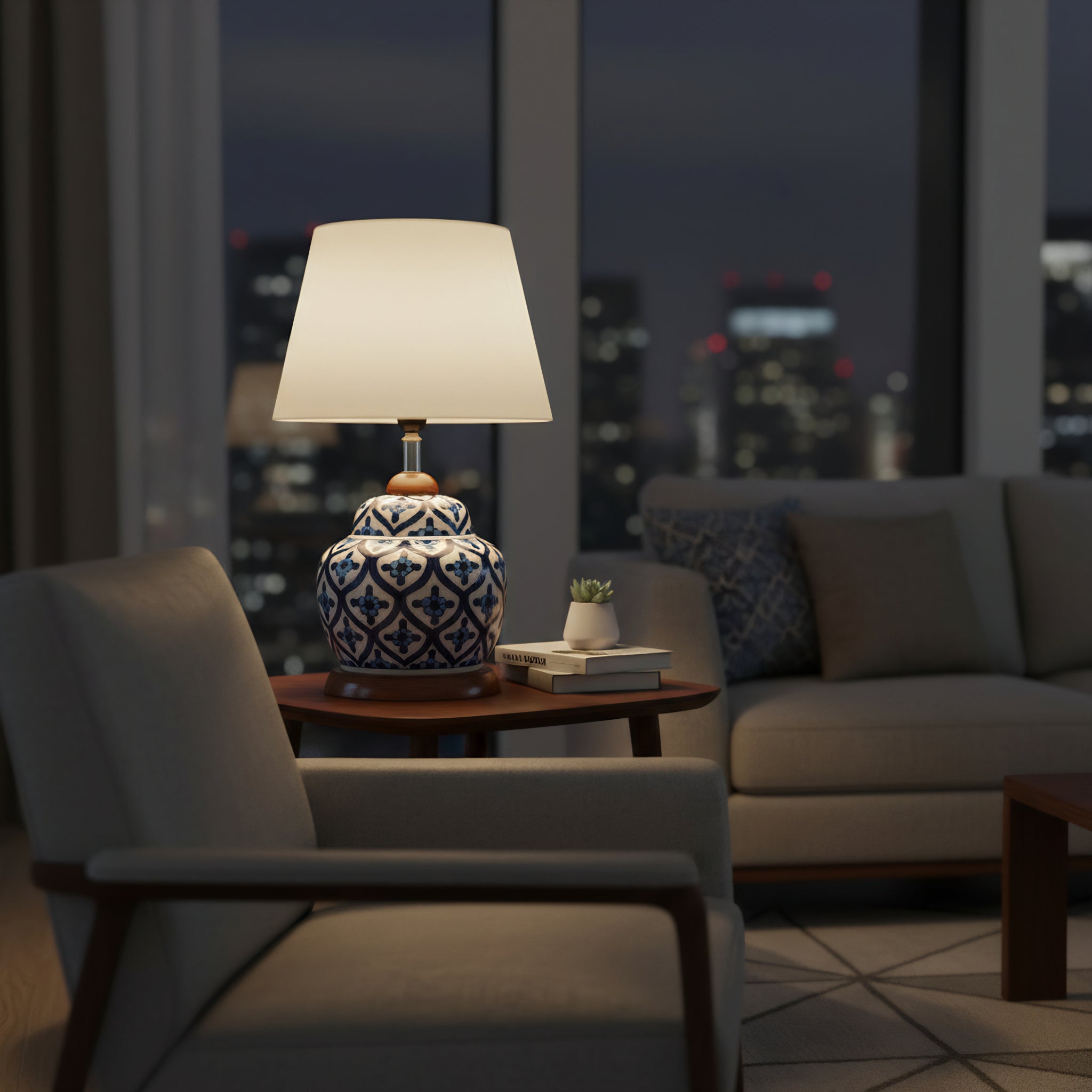 Multani Blue Pottery Lamp Base with Wooden Stand – Handcrafted