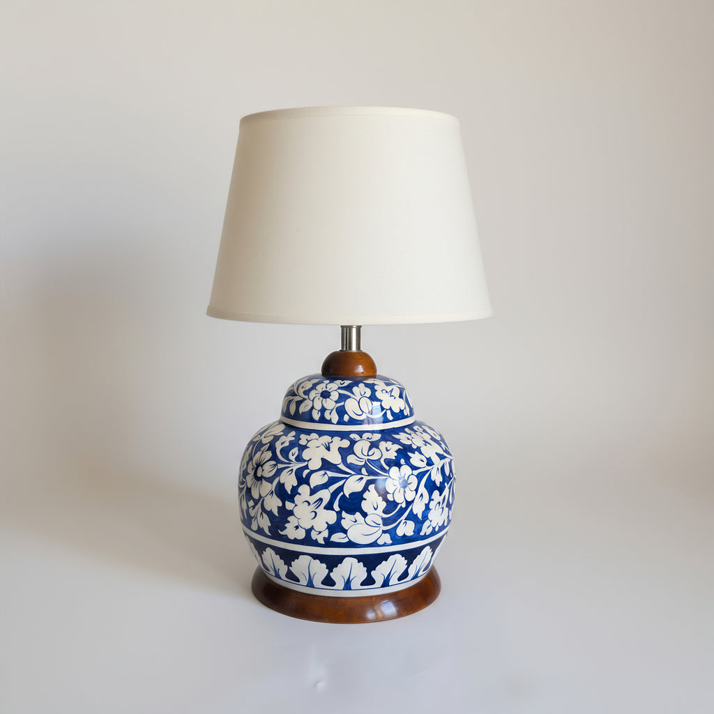Handcrafted Multani Blue Pottery Lamp Base – White Floral Pattern