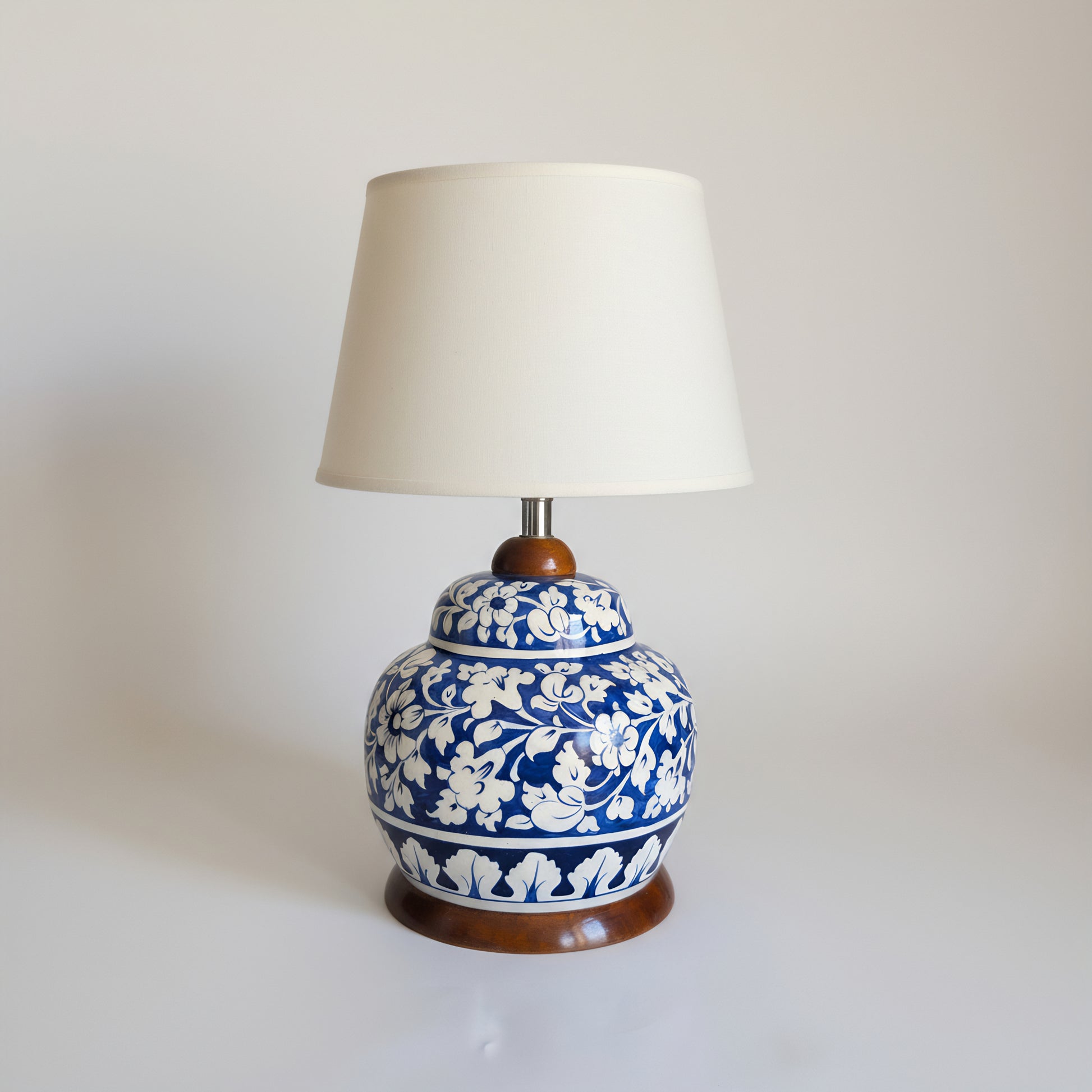 Handcrafted Multani Blue Pottery Lamp Base – White Floral Pattern