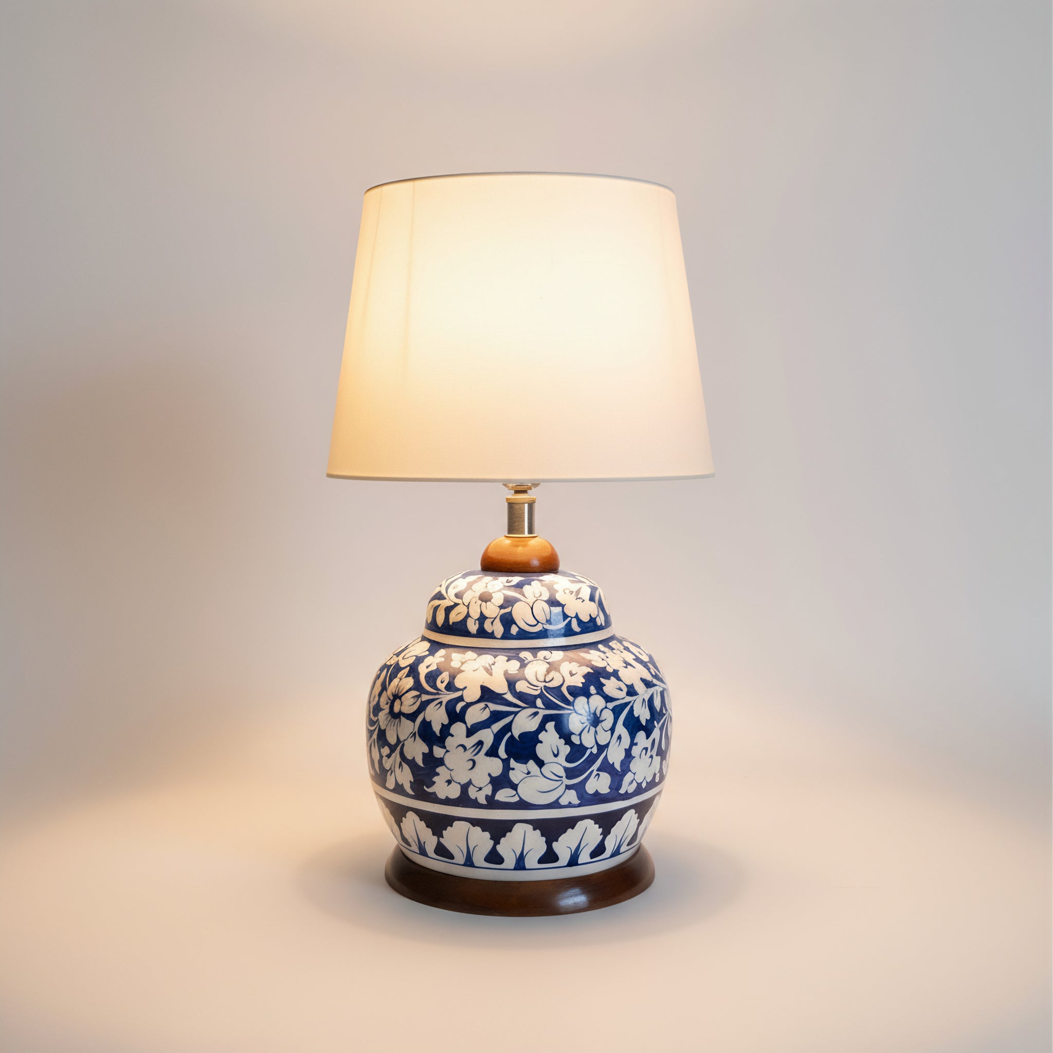 Handcrafted Multani Blue Pottery Lamp Base – White Floral Pattern
