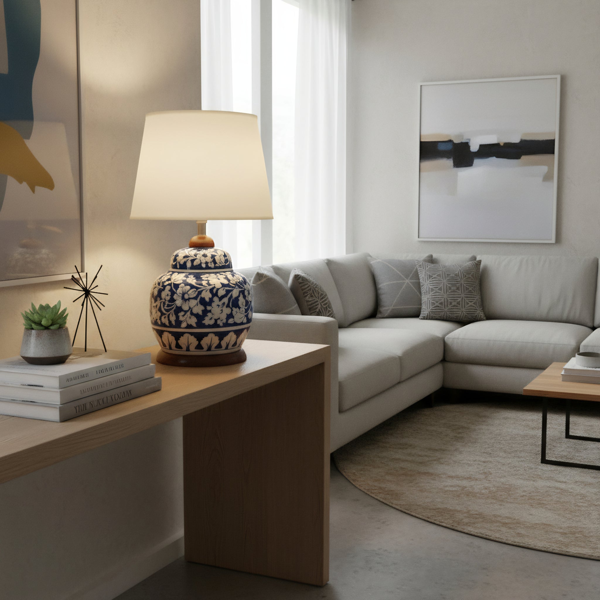 Handcrafted Multani Blue Pottery Lamp Base – White Floral Pattern