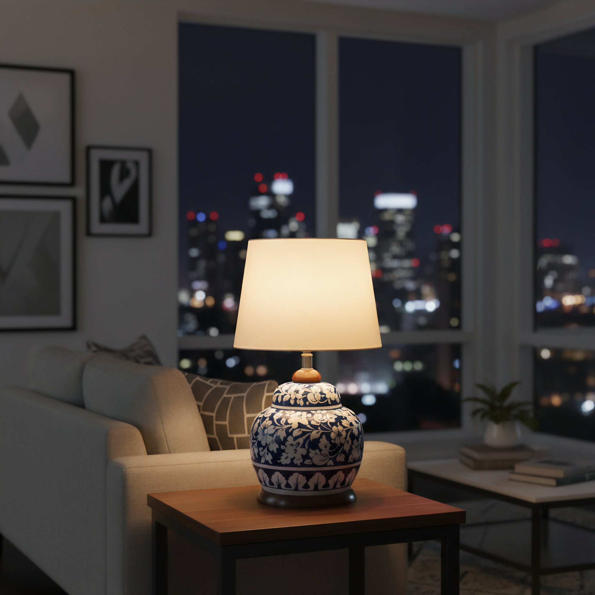 Handcrafted Multani Blue Pottery Lamp Base – White Floral Pattern