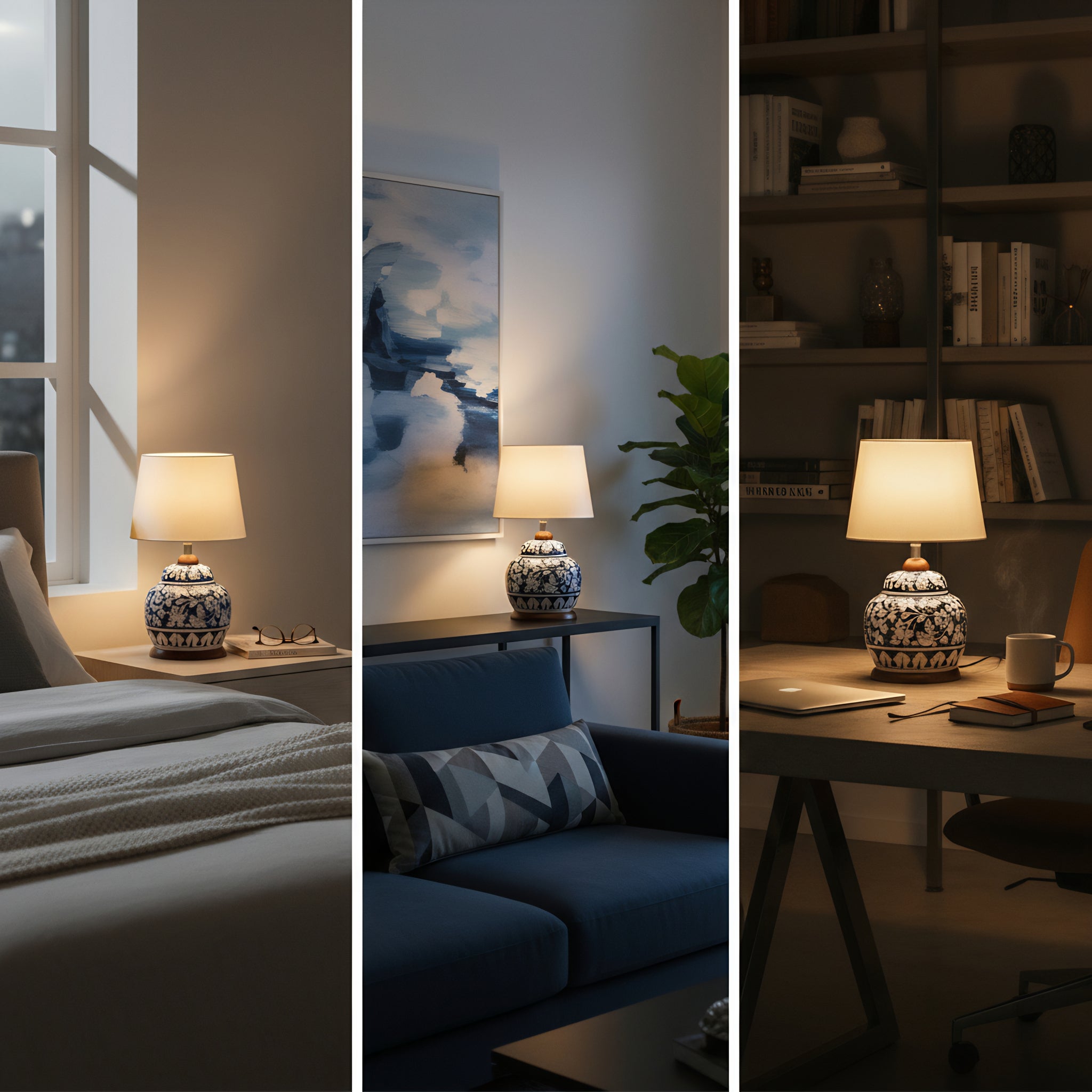 Handcrafted Multani Blue Pottery Lamp Base – White Floral Pattern