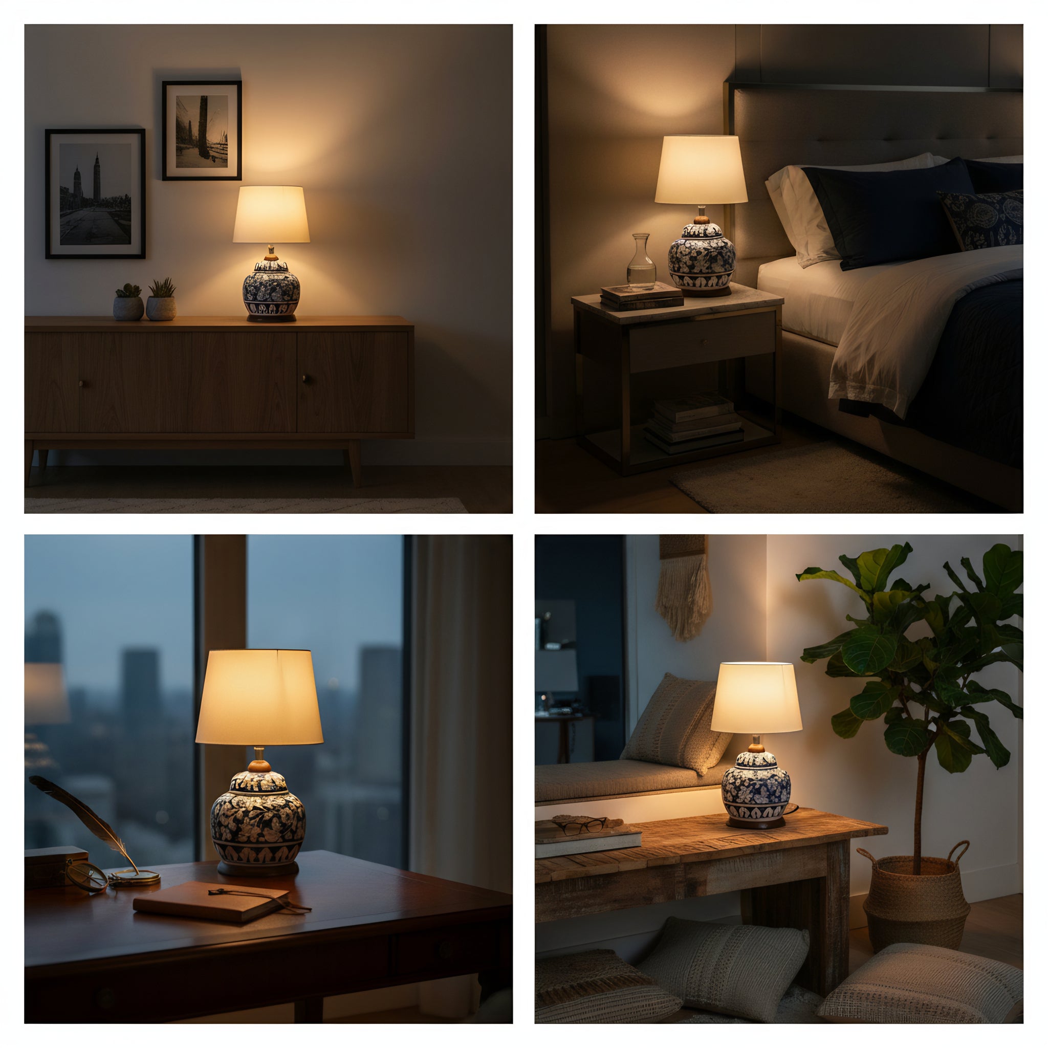 Handcrafted Multani Blue Pottery Lamp Base – White Floral Pattern