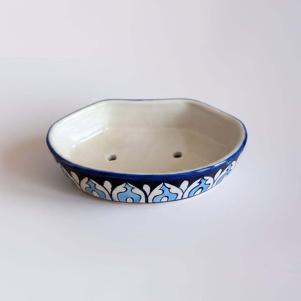 Blue Pottery Soap Dish with Traditional Floral Motifs — Pakistani handicraft — Craftan Pakistan