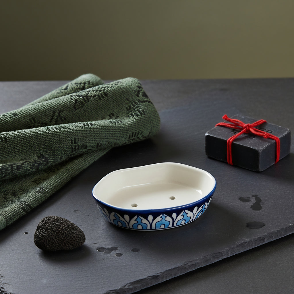 Blue Pottery Floral Soap Dish Side Profile — Handmade Pakistani ceramic — Craftan Pakistan