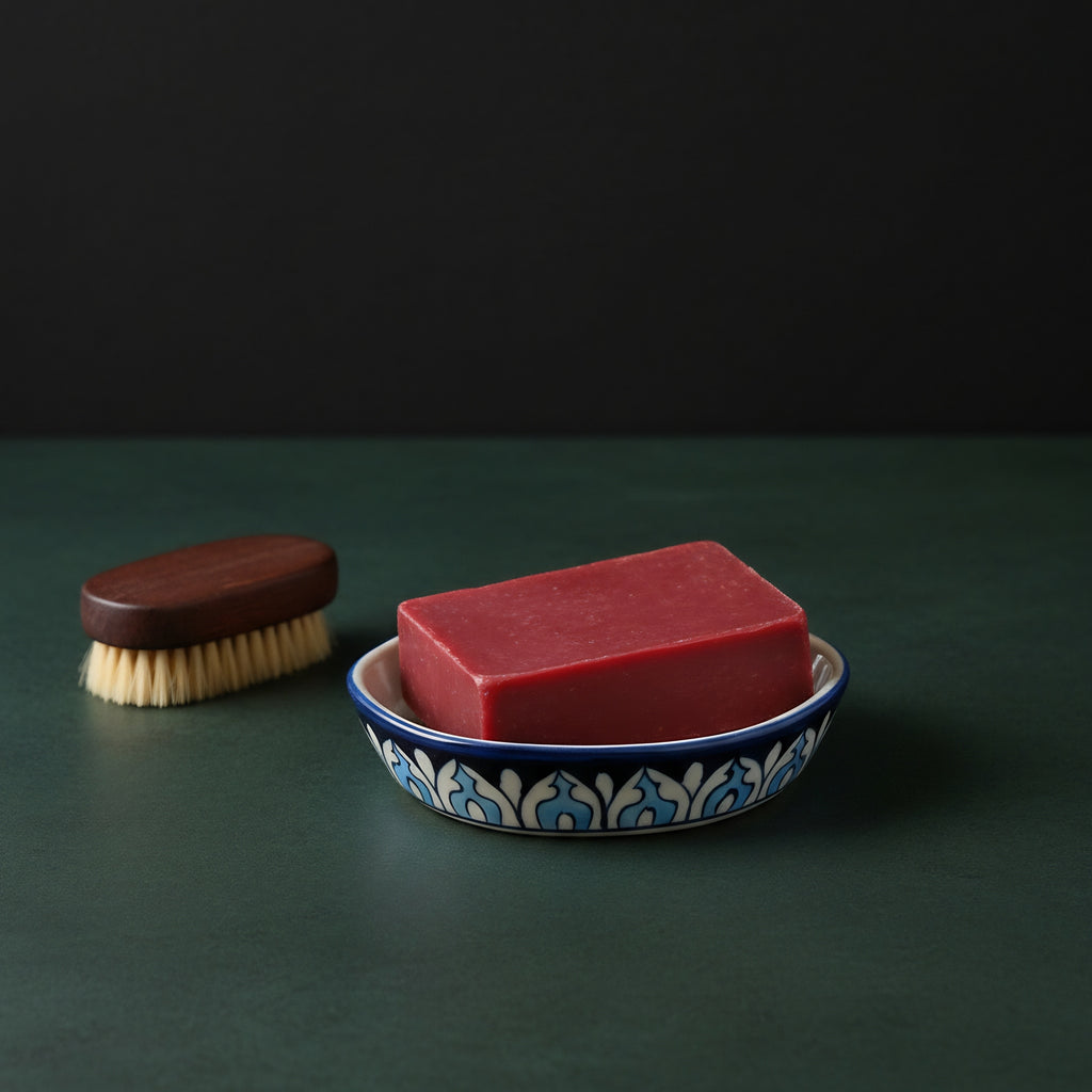 Multani Pottery Soap Dish Detail — Hand-painted blue floral patterns — Craftan Pakistan