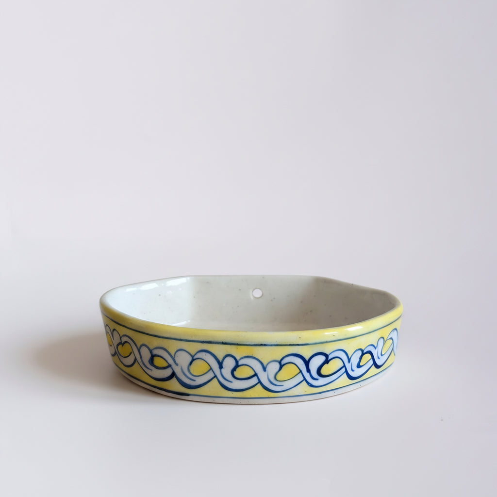 Blue pottery soap dish with yellow floral details — handmade ceramic — Craftan Pakistan