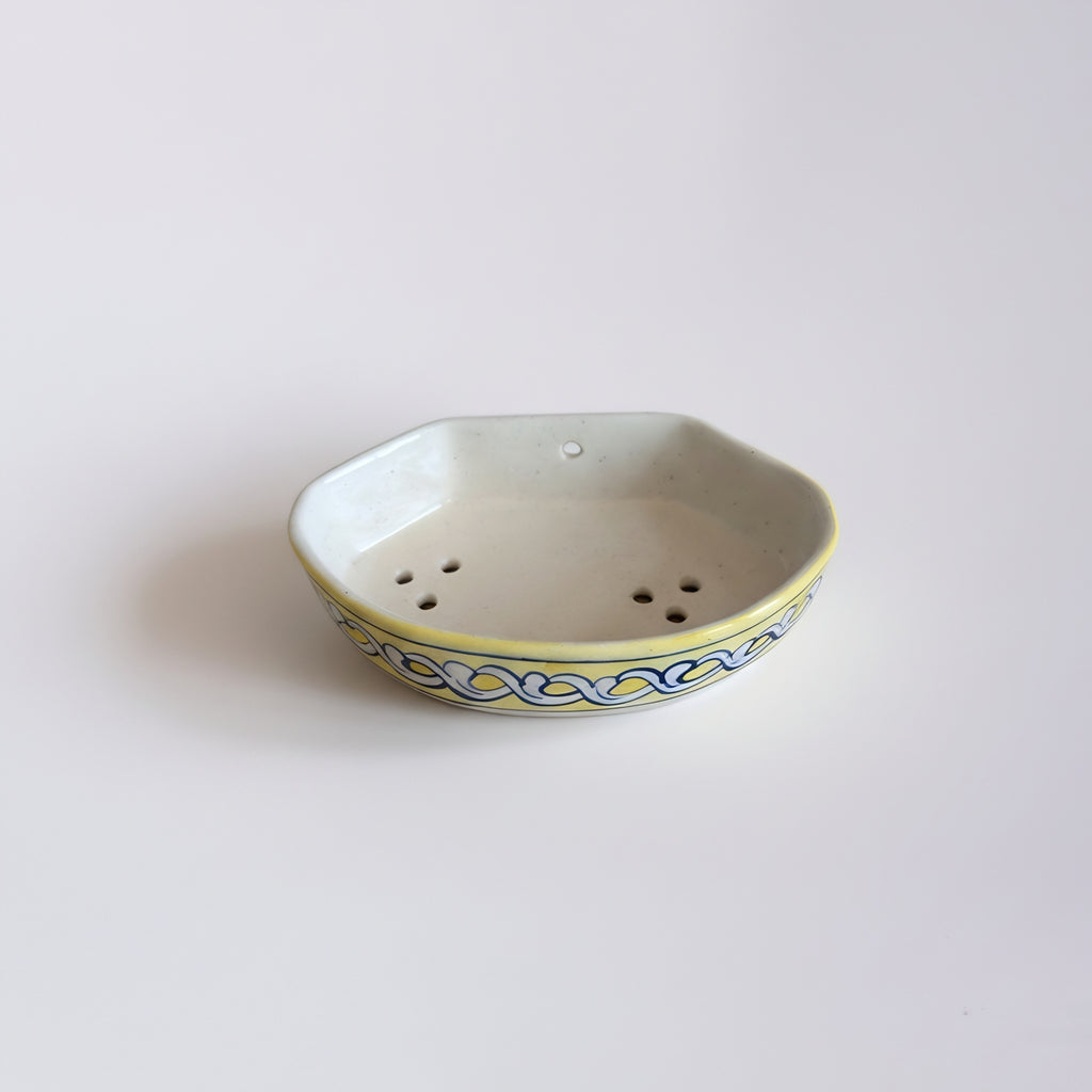 Multani blue pottery soap holder with golden yellow accents — Pakistani craft — Craftan Pakistan