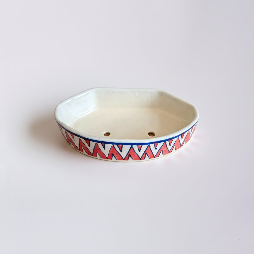 Blue Pottery Soap Dish with Red Floral Design — handmade ceramic — Craftan Pakistan