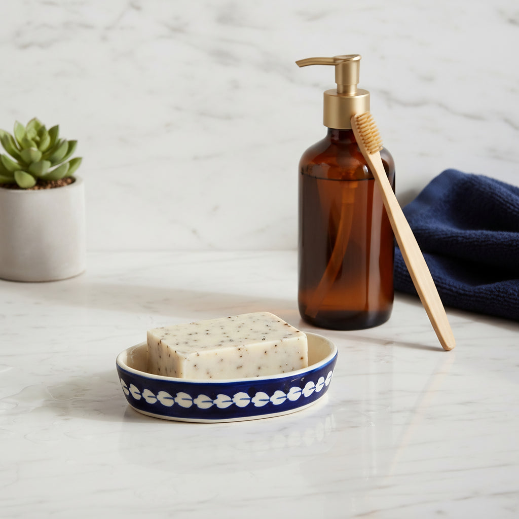 Handmade Multani pottery soap dish with blue decorative chain — Craftan Pakistan