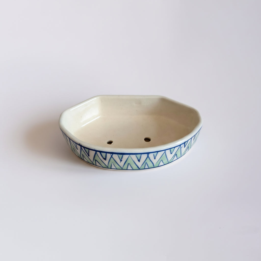 Pakistani Blue Pottery Soap Dish Green Pattern — authentic Multani craft — Craftan Pakistan