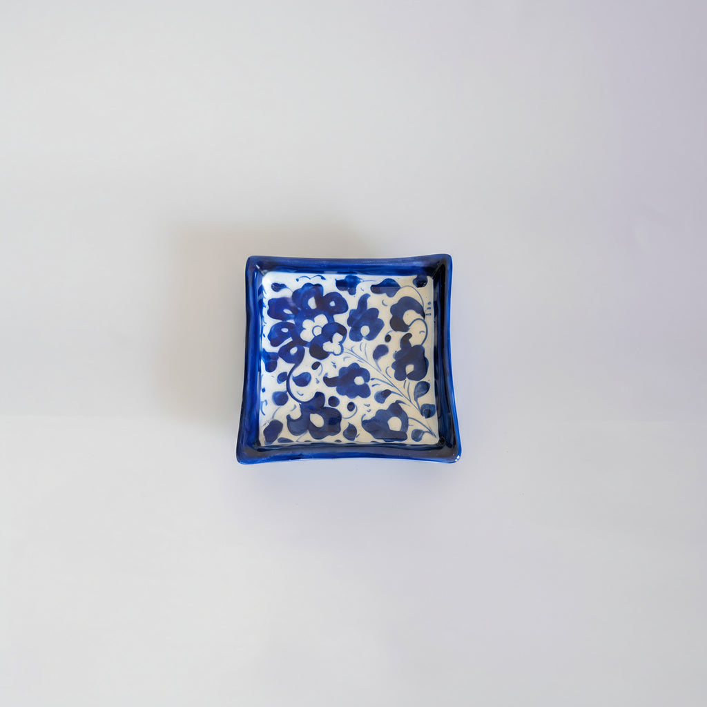 Blue Pottery Square Dish — 3″ Multani Ceramic (Floral Motif)