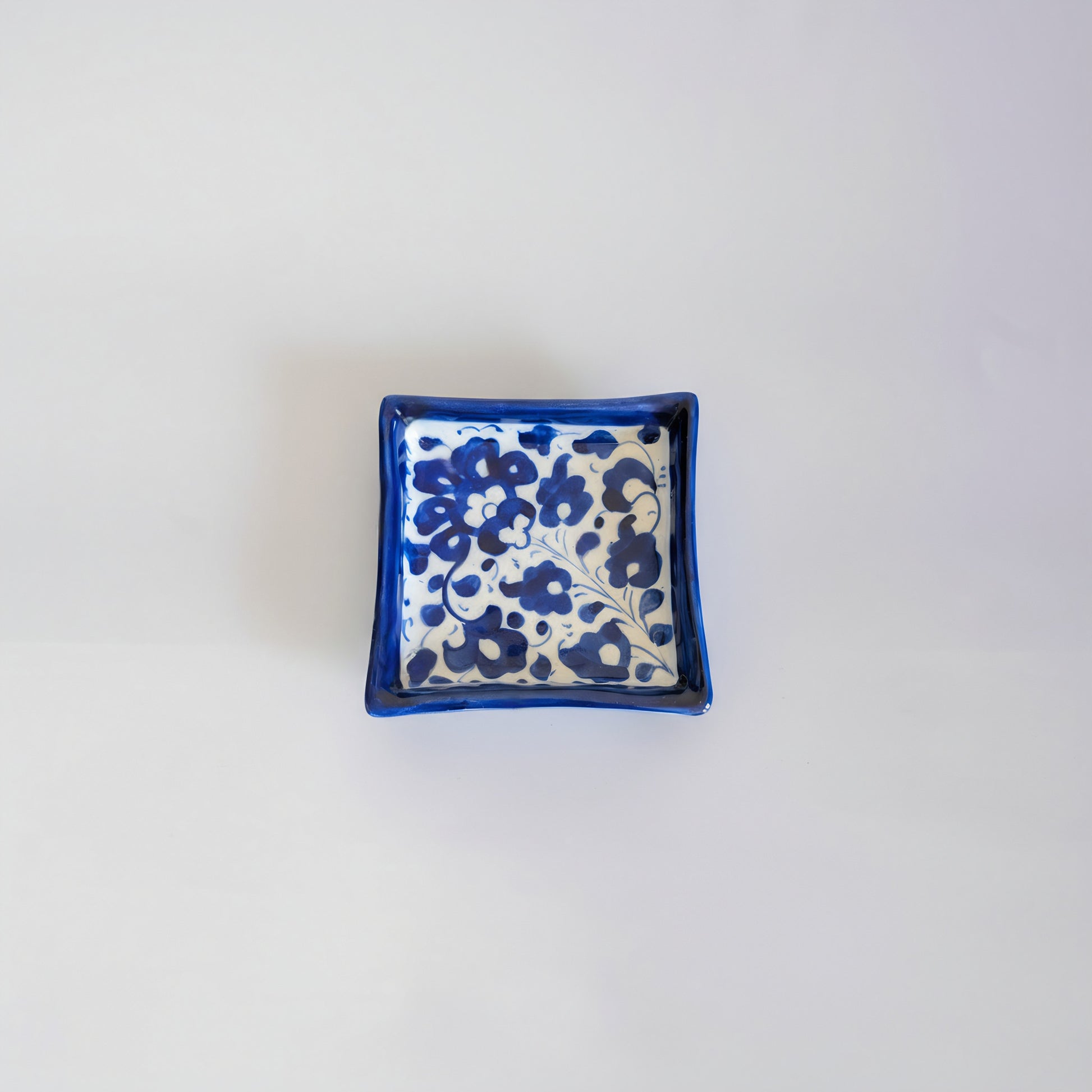 Blue Pottery Square Dish — 3″ Multani Ceramic (Floral Motif)