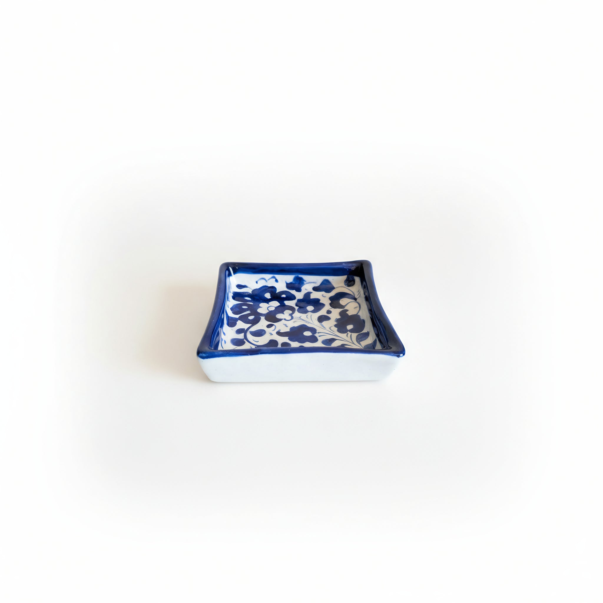 Blue Pottery Square Dish — 3″ Multani Ceramic (Floral Motif)