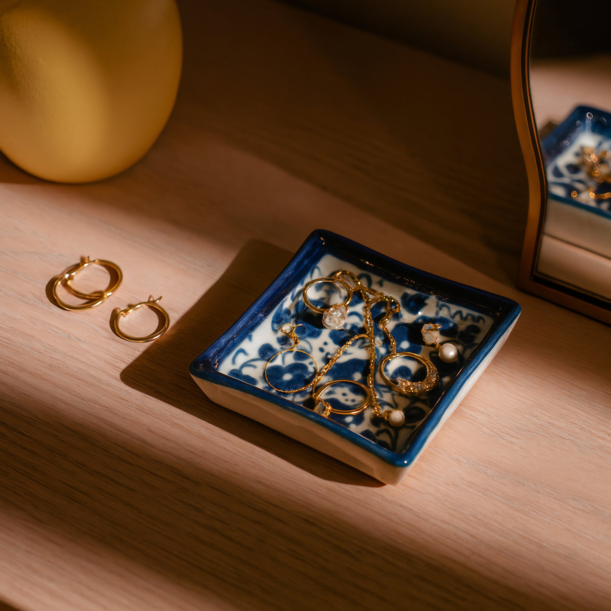 Blue Pottery Square Dish — 3″ Multani Ceramic (Floral Motif)