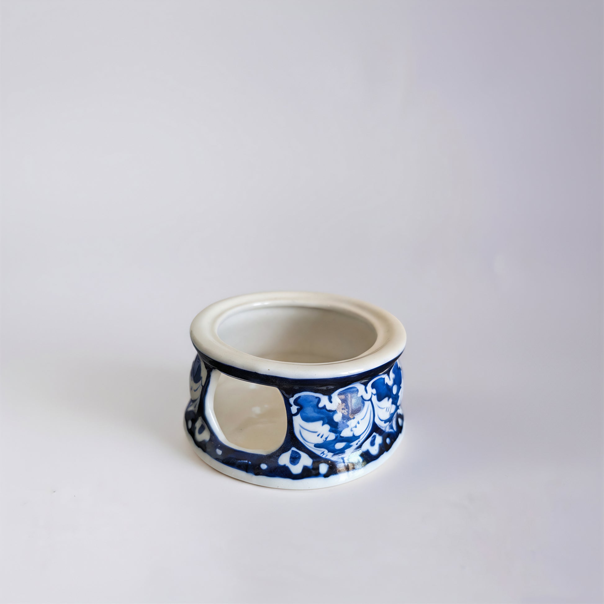 Blue Pottery Tealight Kettle Warmer — 5″ Multani Ceramic (Navy Vine Motif)