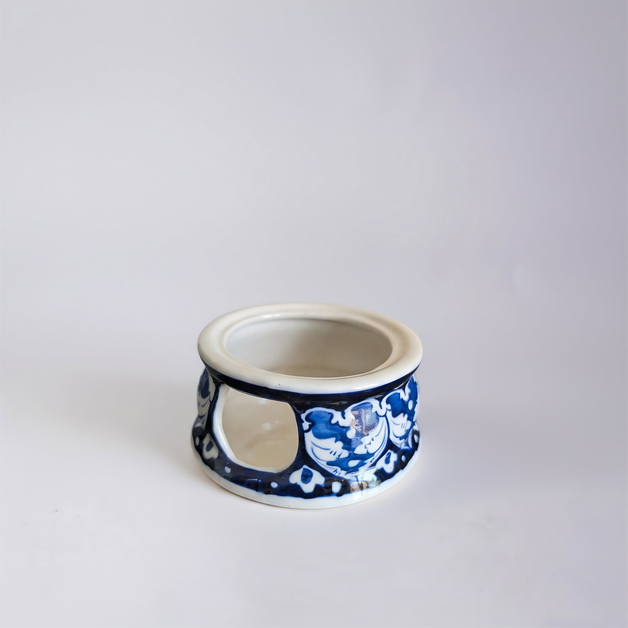 Blue Pottery Tealight Kettle Warmer — 5″ Multani Ceramic (Navy Vine Motif)
