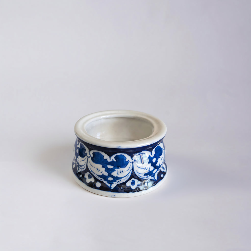Blue Pottery Tealight Kettle Warmer — 5″ Multani Ceramic (Navy Vine Motif)