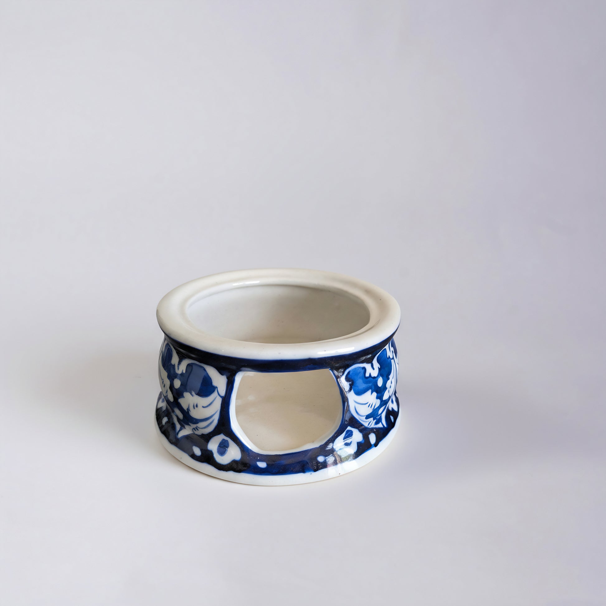 Blue Pottery Tealight Kettle Warmer — 5″ Multani Ceramic (Navy Vine Motif)