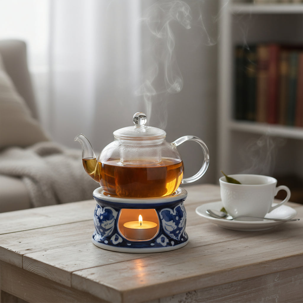 Blue Pottery Tealight Kettle Warmer — 5″ Multani Ceramic (Navy Vine Motif)