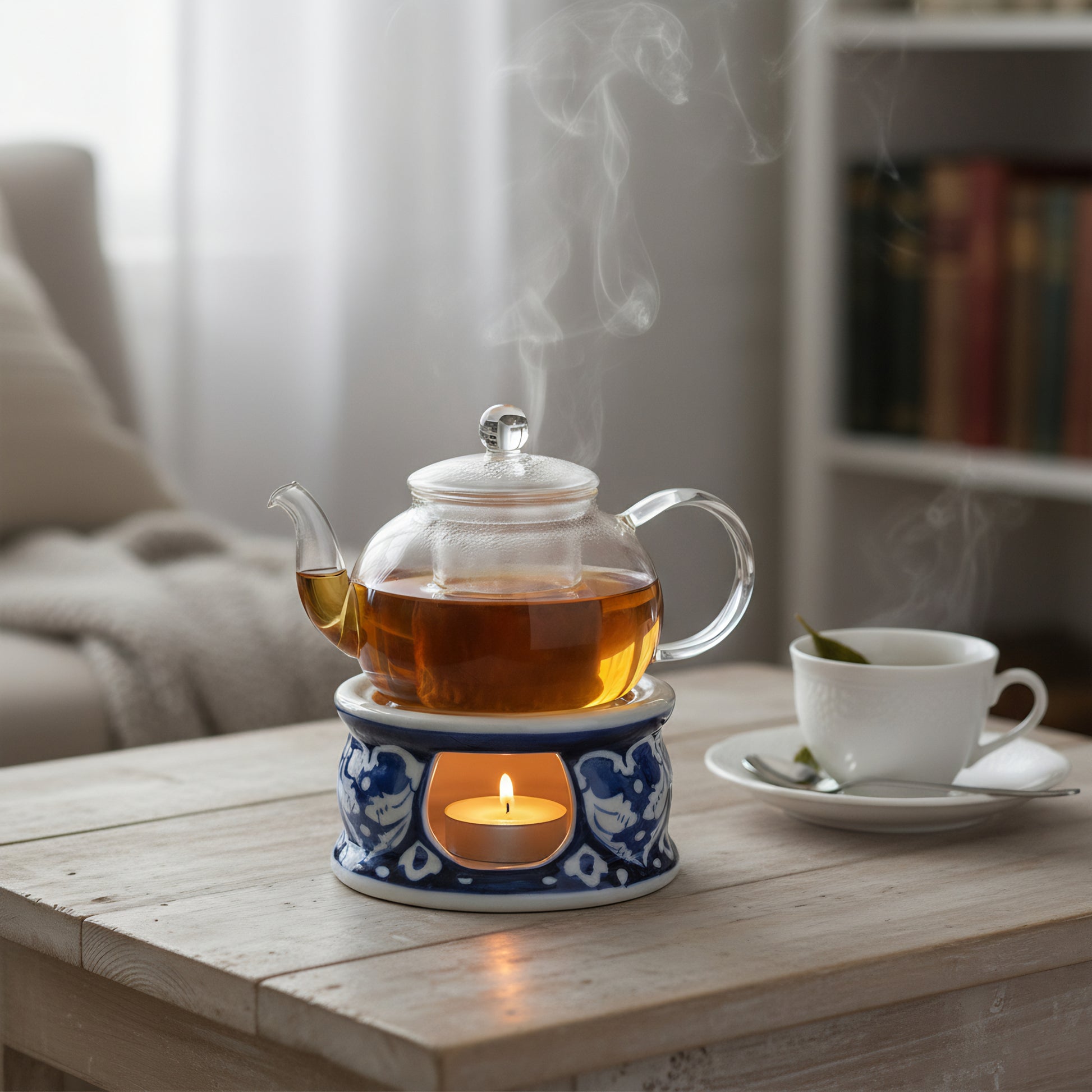 Blue Pottery Tealight Kettle Warmer — 5″ Multani Ceramic (Navy Vine Motif)
