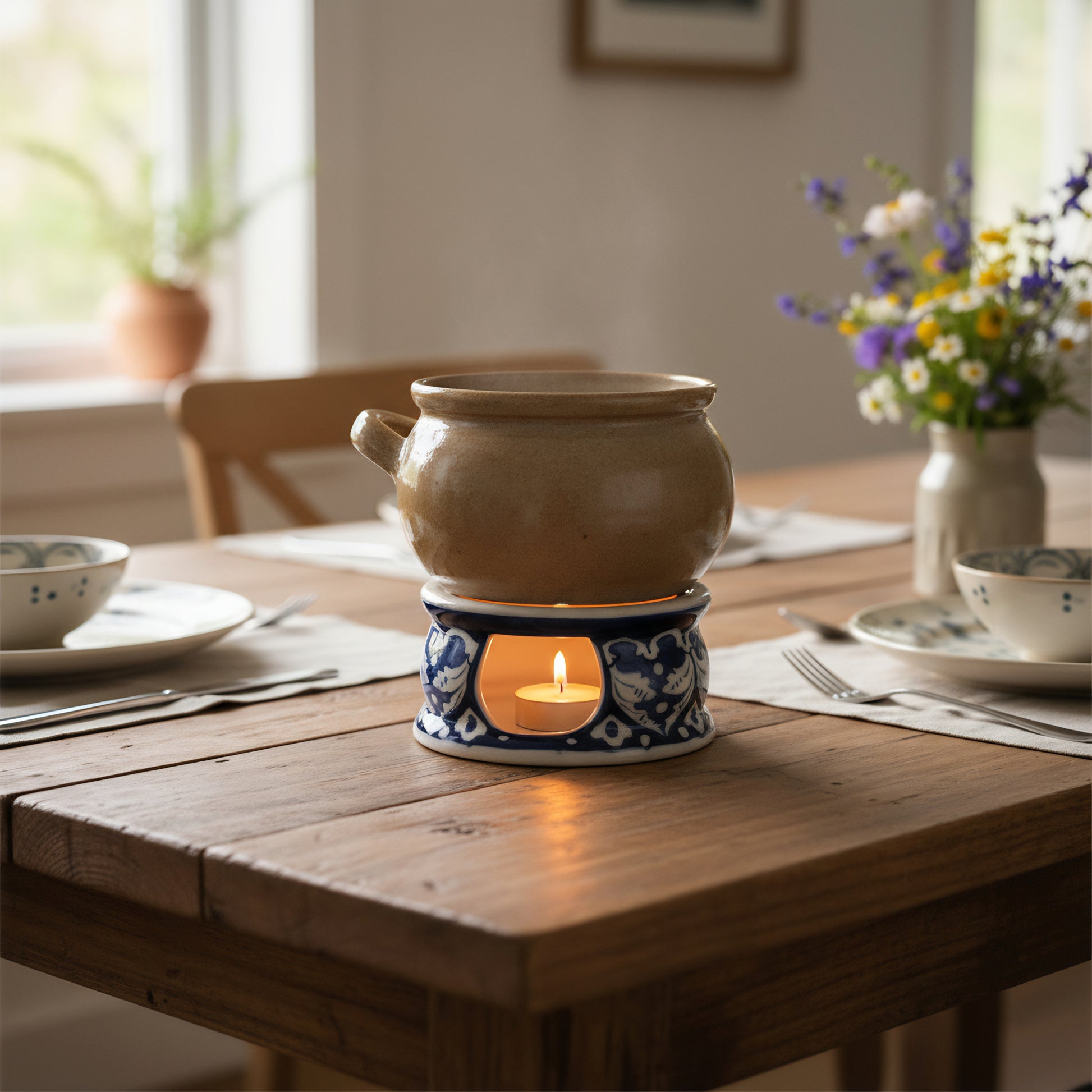 Blue Pottery Tealight Kettle Warmer — 5″ Multani Ceramic (Navy Vine Motif)