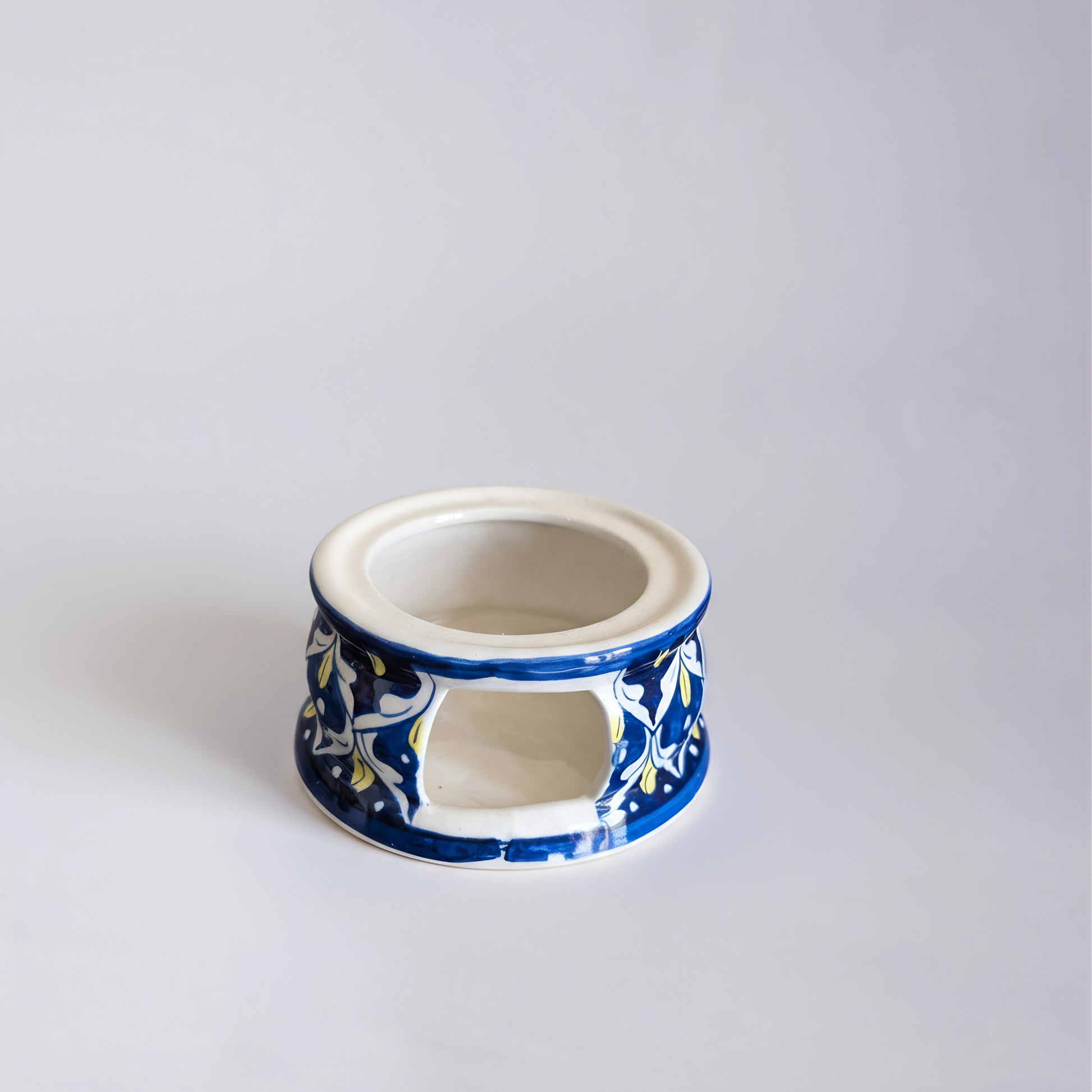Blue Pottery Tealight Kettle Warmer — 5″ Multani Ceramic (Navy–Yellow Drop Motif)