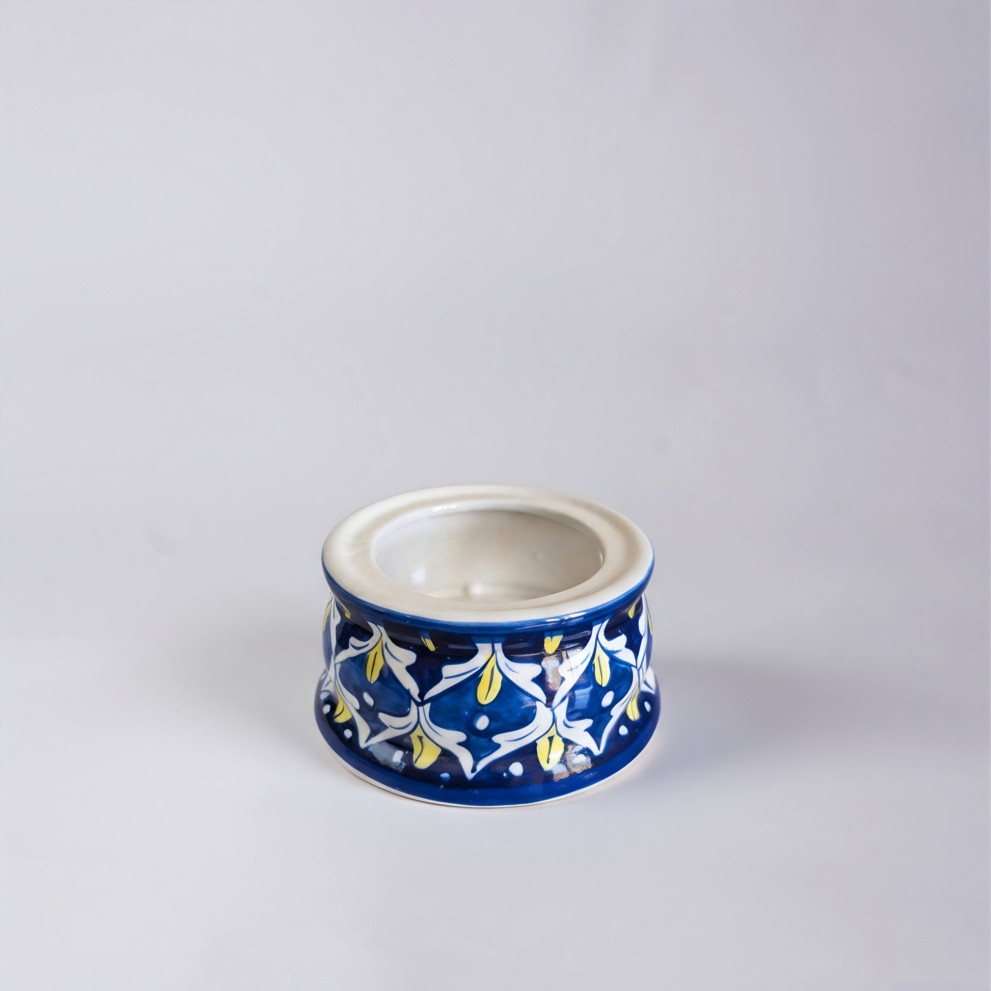 Blue Pottery Tealight Kettle Warmer — 5″ Multani Ceramic (Navy–Yellow Drop Motif)