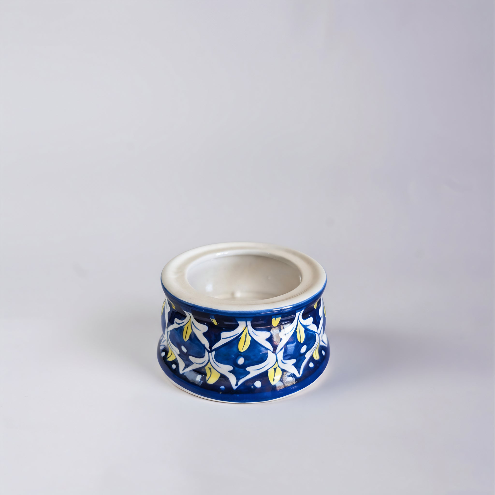 Blue Pottery Tealight Kettle Warmer — 5″ Multani Ceramic (Navy–Yellow Drop Motif)