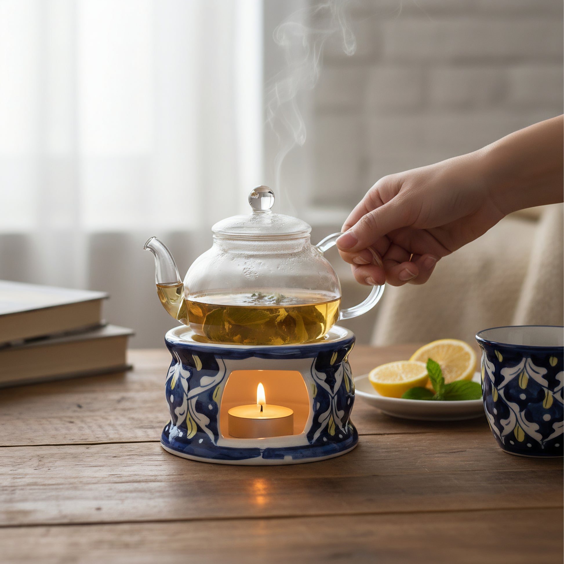 Blue Pottery Tealight Kettle Warmer — 5″ Multani Ceramic (Navy–Yellow Drop Motif)