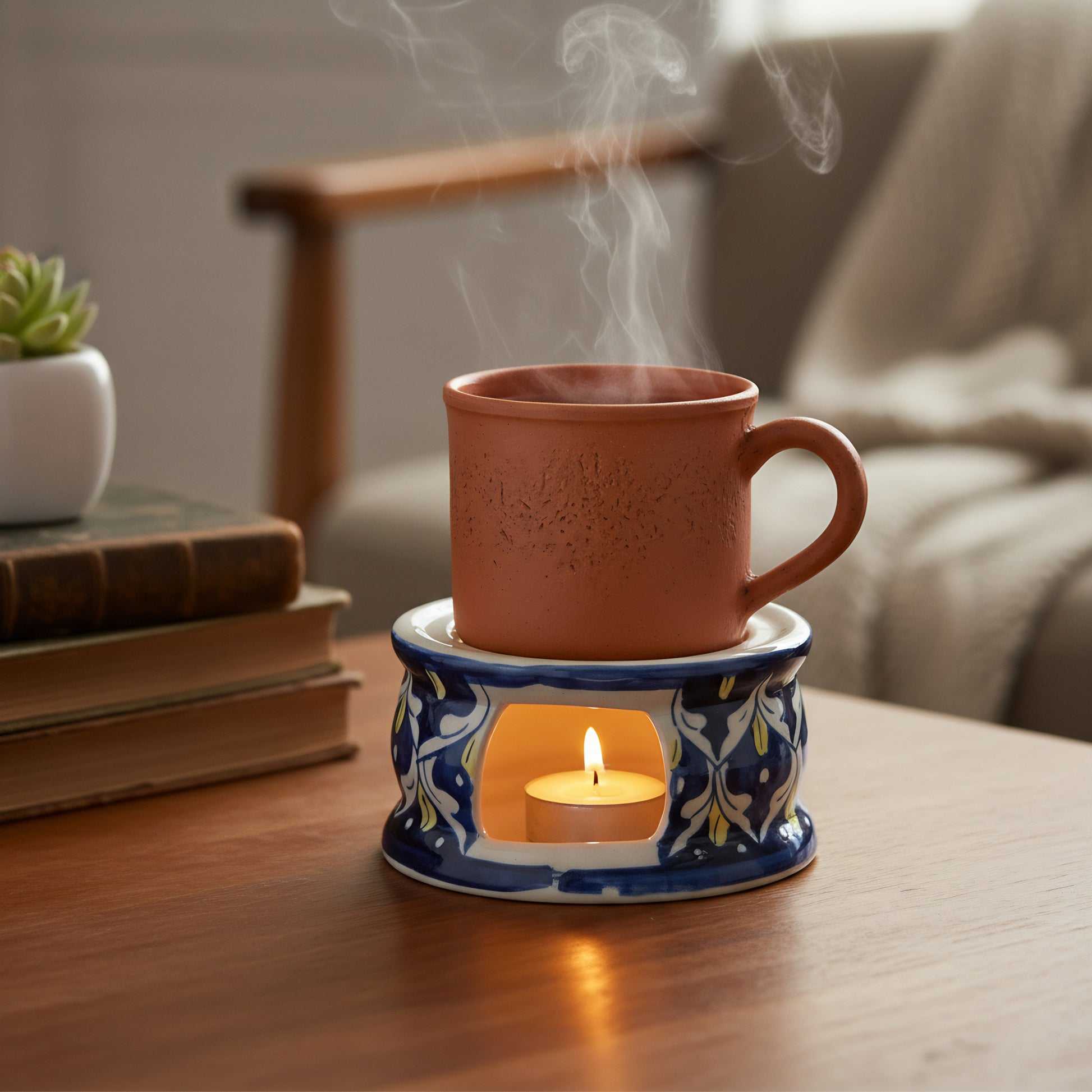 Blue Pottery Tealight Kettle Warmer — 5″ Multani Ceramic (Navy–Yellow Drop Motif)