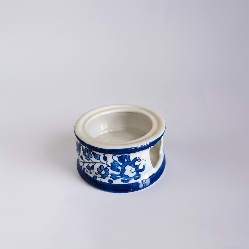 Blue Pottery Tealight Kettle Warmer — 5″ Multani Ceramic (Floral Vine Design)