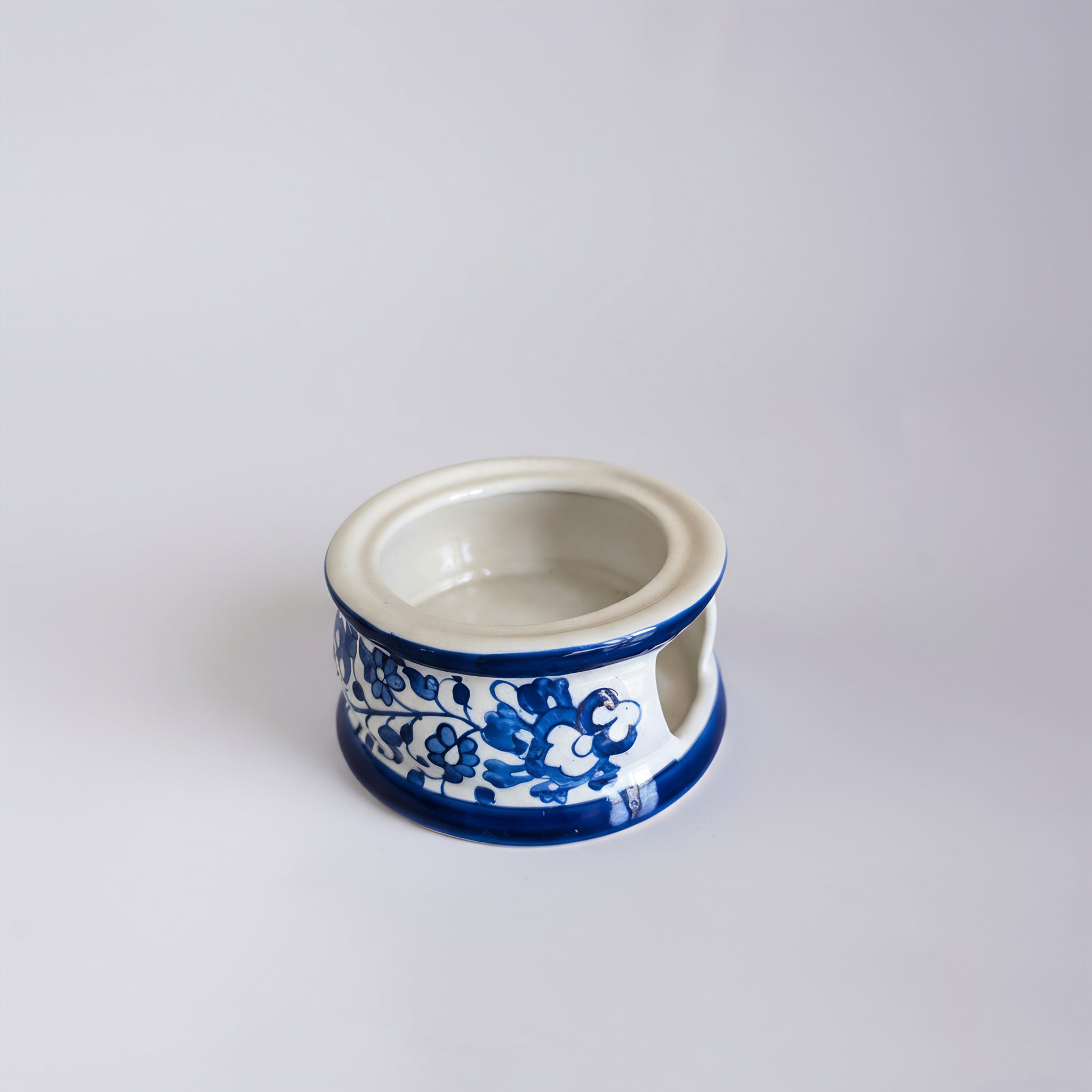 Blue Pottery Tealight Kettle Warmer — 5″ Multani Ceramic (Floral Vine Design)