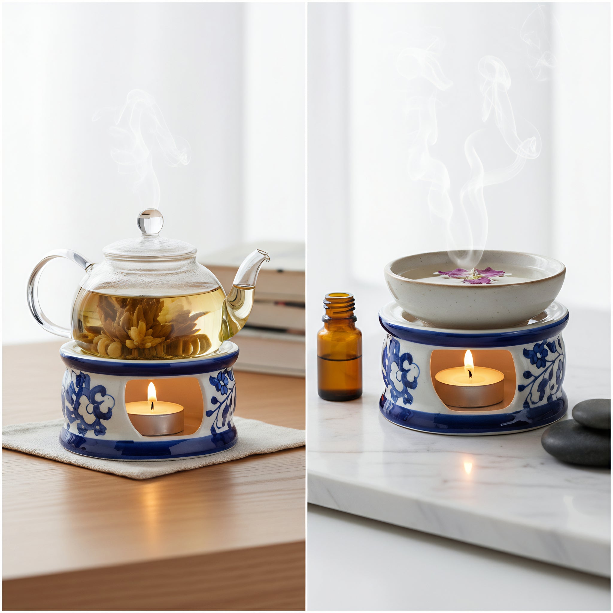 Blue Pottery Tealight Kettle Warmer — 5″ Multani Ceramic (Floral Vine Design)