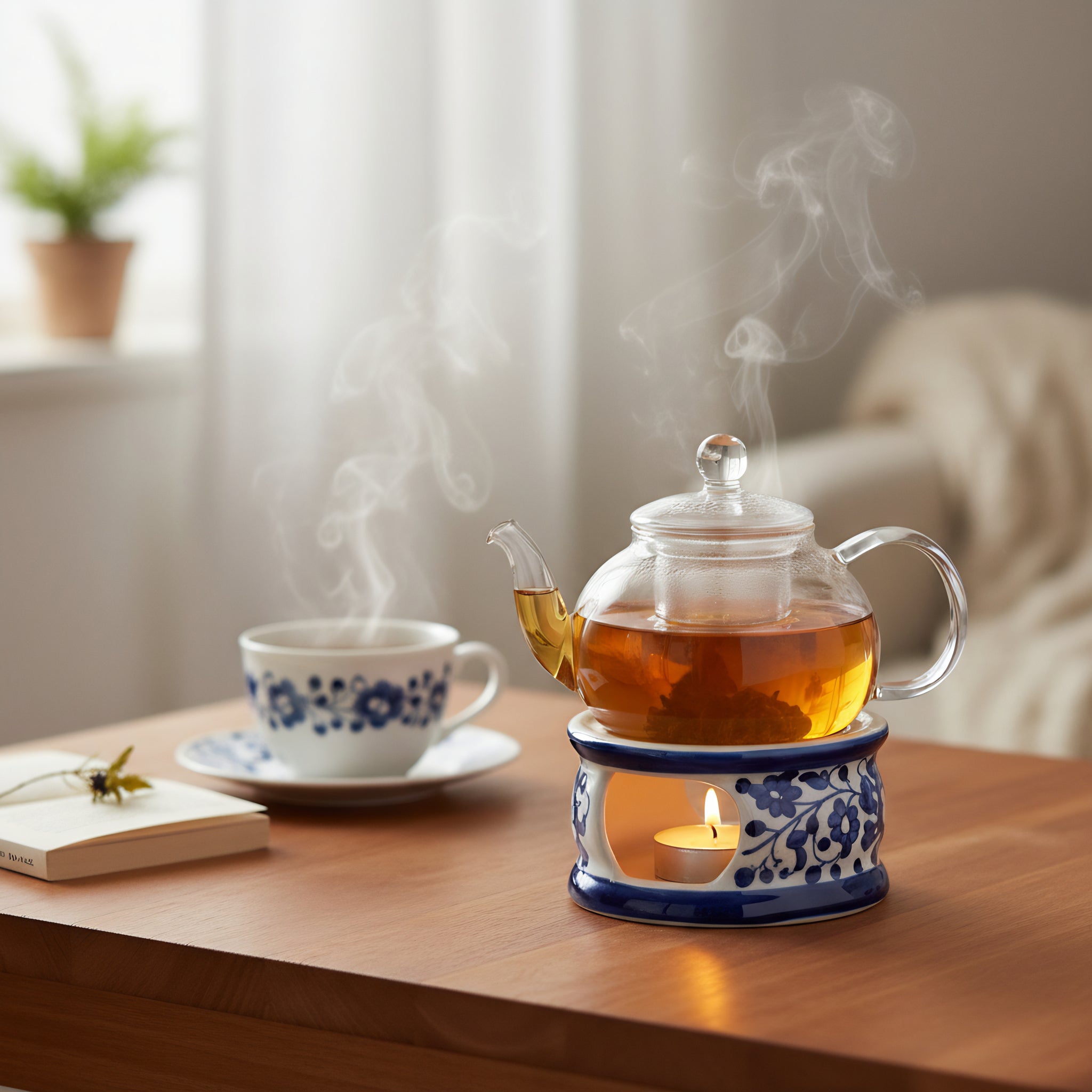 Blue Pottery Tealight Kettle Warmer — 5″ Multani Ceramic (Floral Vine Design)