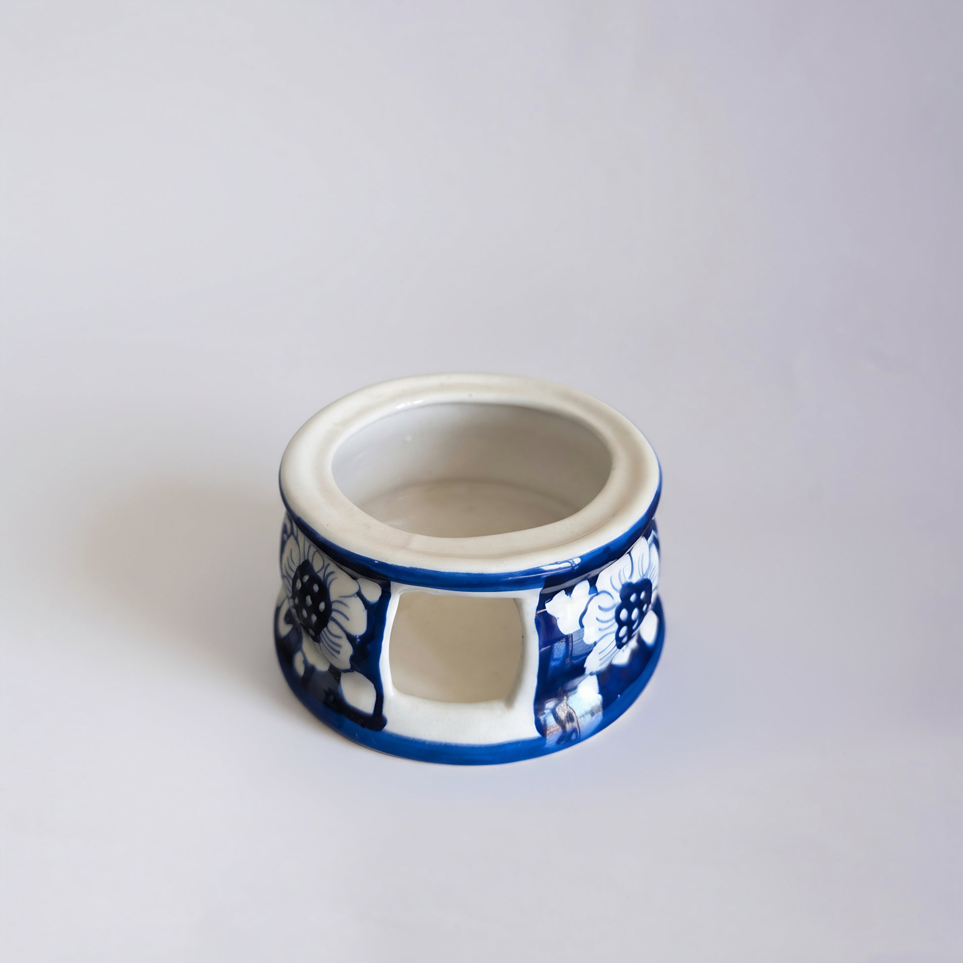 Blue Pottery Tealight Kettle Warmer — 5″ Multani Ceramic (Bold Floral Motif)