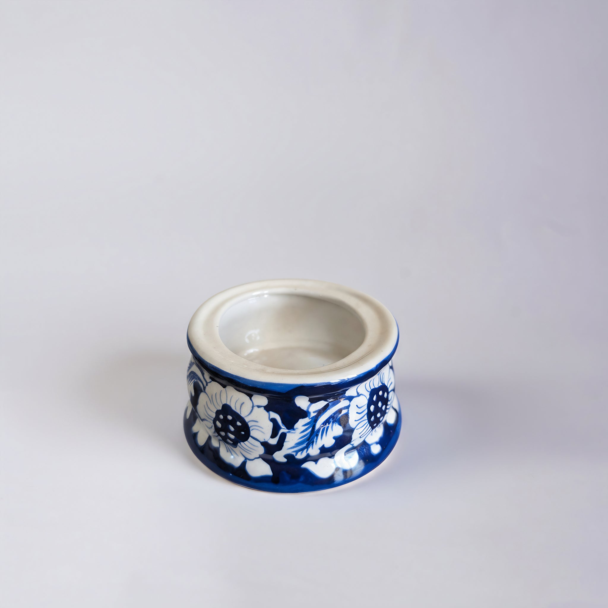 Blue Pottery Tealight Kettle Warmer — 5″ Multani Ceramic (Bold Floral Motif)