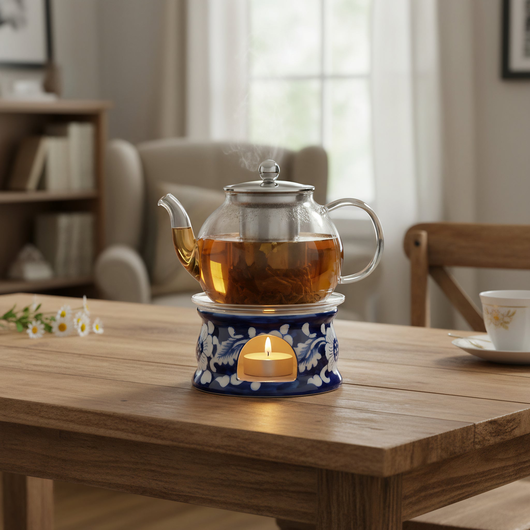 Blue Pottery Tealight Kettle Warmer — 5″ Multani Ceramic (Bold Floral Motif)