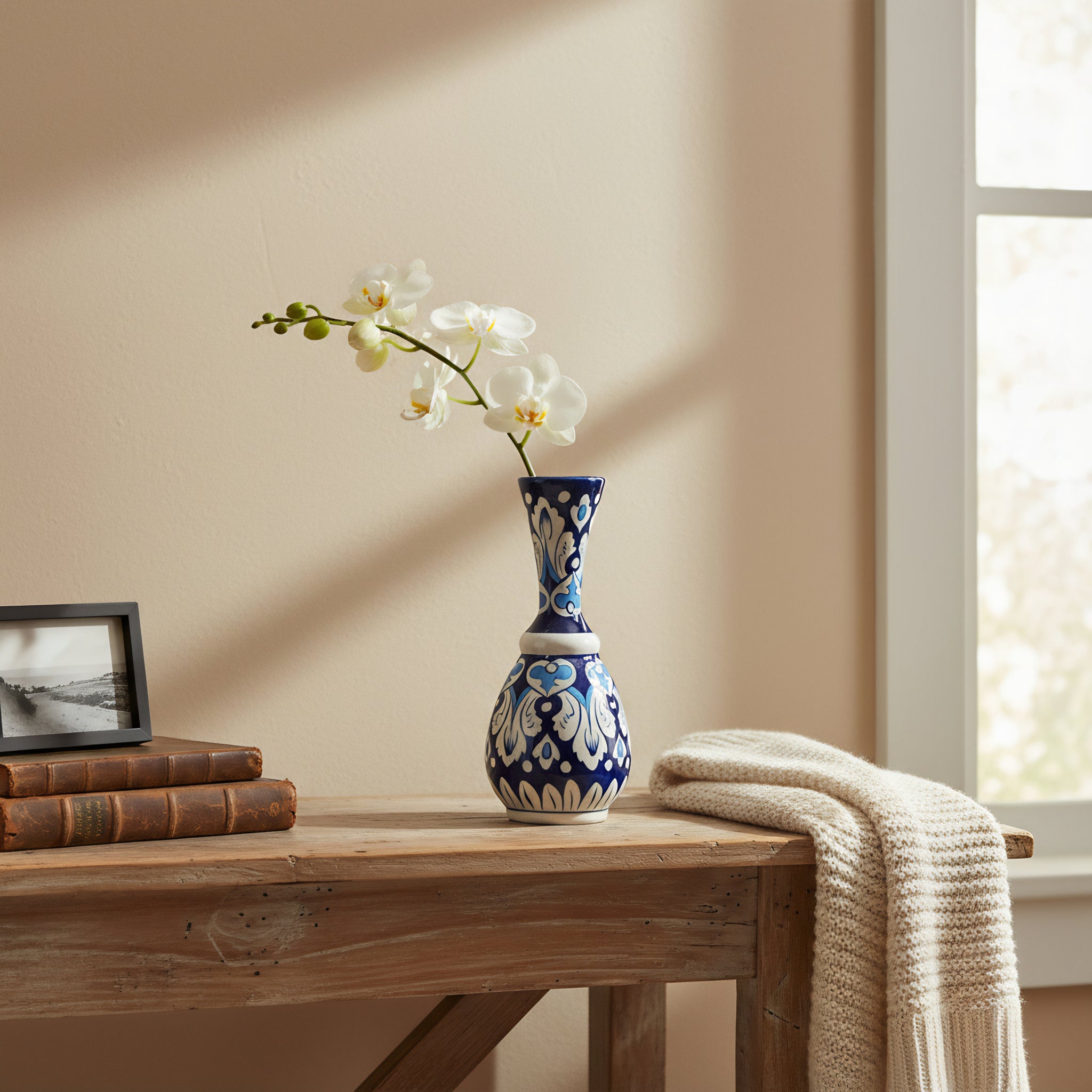 Hand-Painted Traditional Surahi Vase – 10 Inch Blue Pottery Ceramic Vase