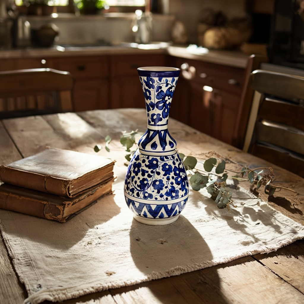 Surahi-Shaped Multani Blue Pottery Vase – 10" Handcrafted Ceramic Decor