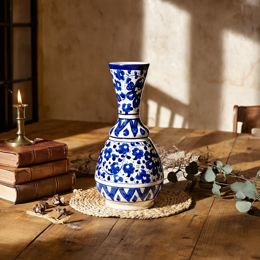 Surahi-Shaped Multani Blue Pottery Vase – 10" Handcrafted Ceramic Decor