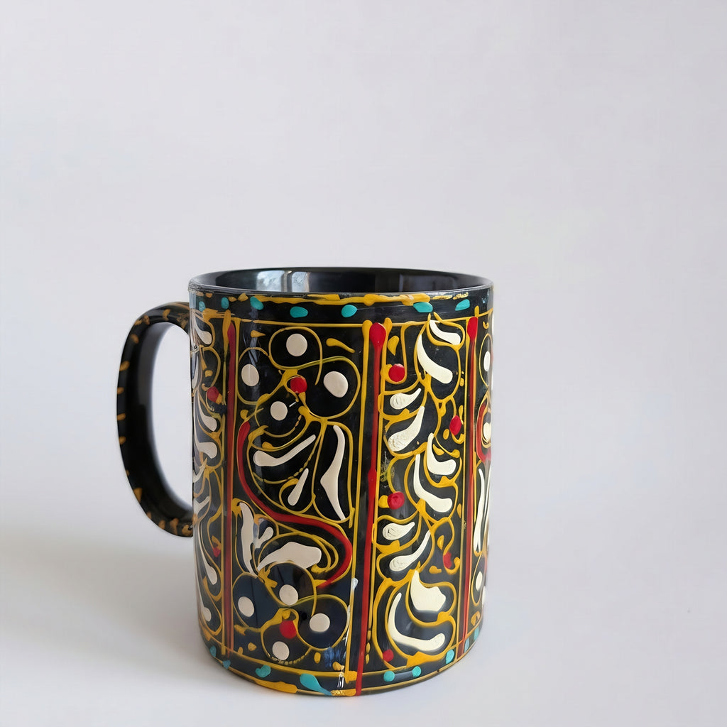 Swati Art Hand-Painted Ceramic Mug – 300ml Black & Gold Intricate Design Tea & Coffee Mug