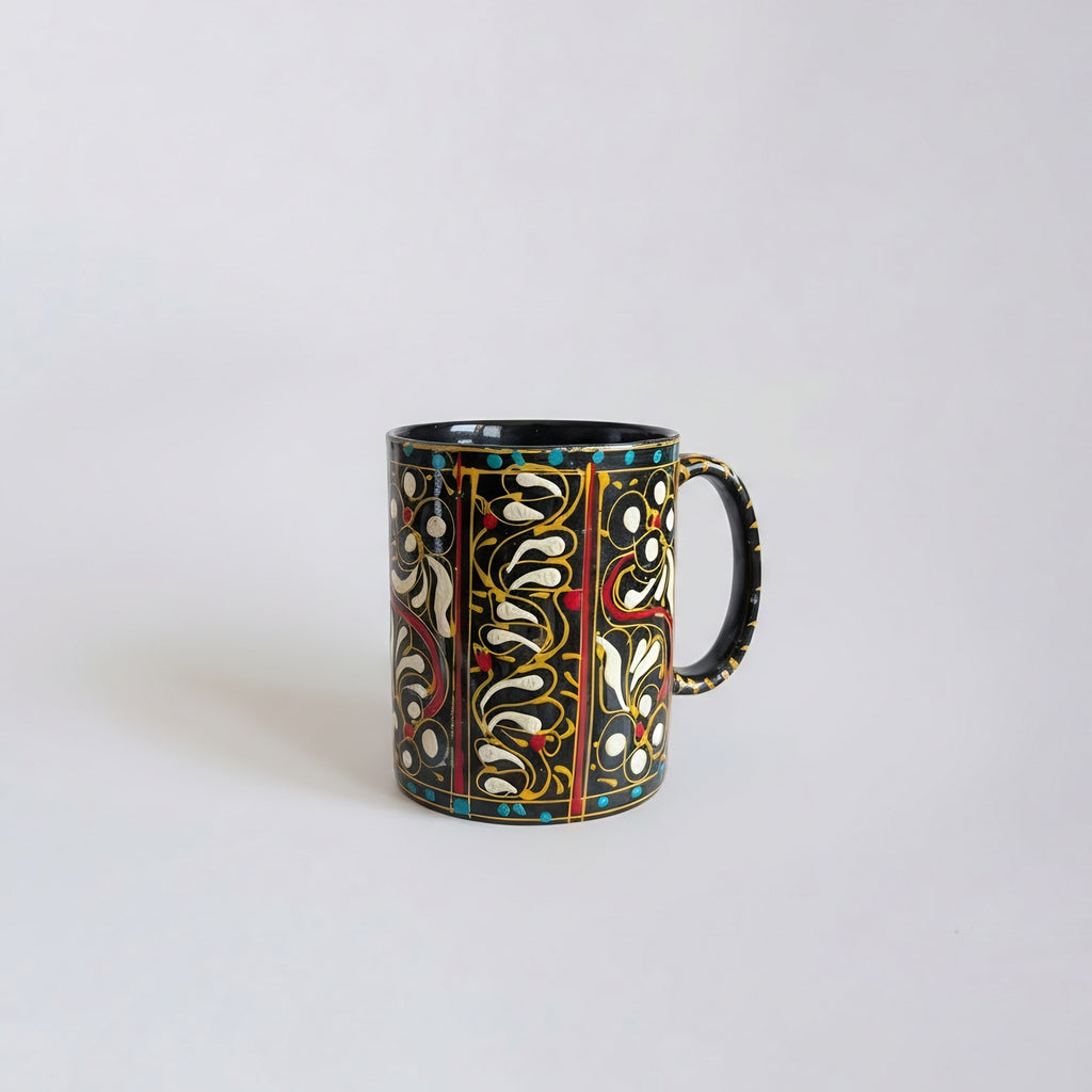 Swati Art Hand-Painted Ceramic Mug – 300ml Black & Gold Intricate Design Tea & Coffee Mug