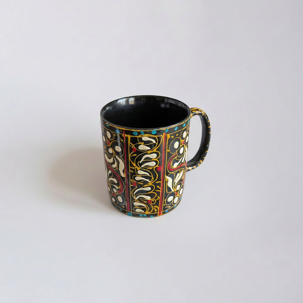 Swati Art Hand-Painted Ceramic Mug – 300ml Black & Gold Intricate Design Tea & Coffee Mug